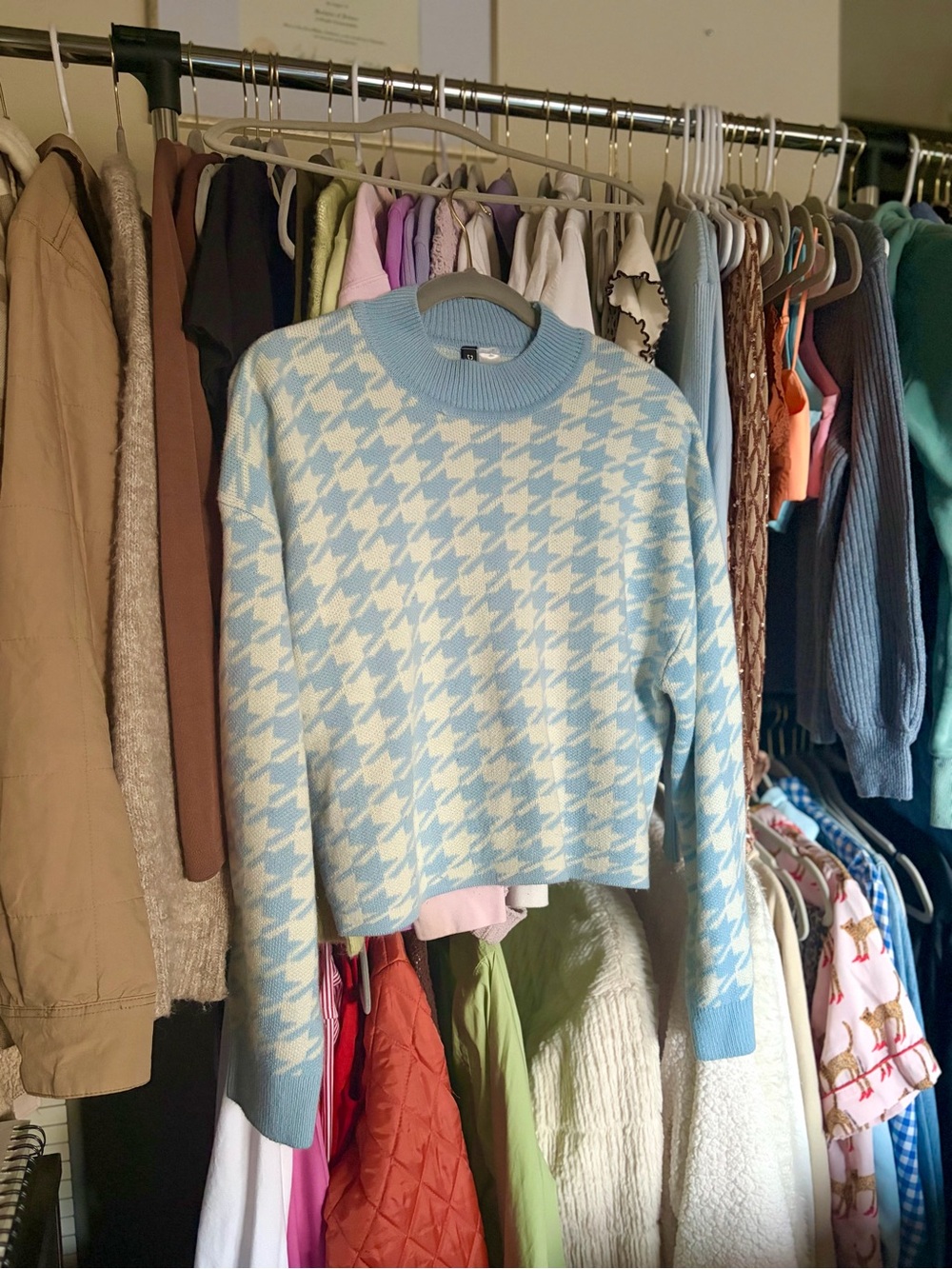 Divided Light Blue and White Houndstooth Cowl Sweater